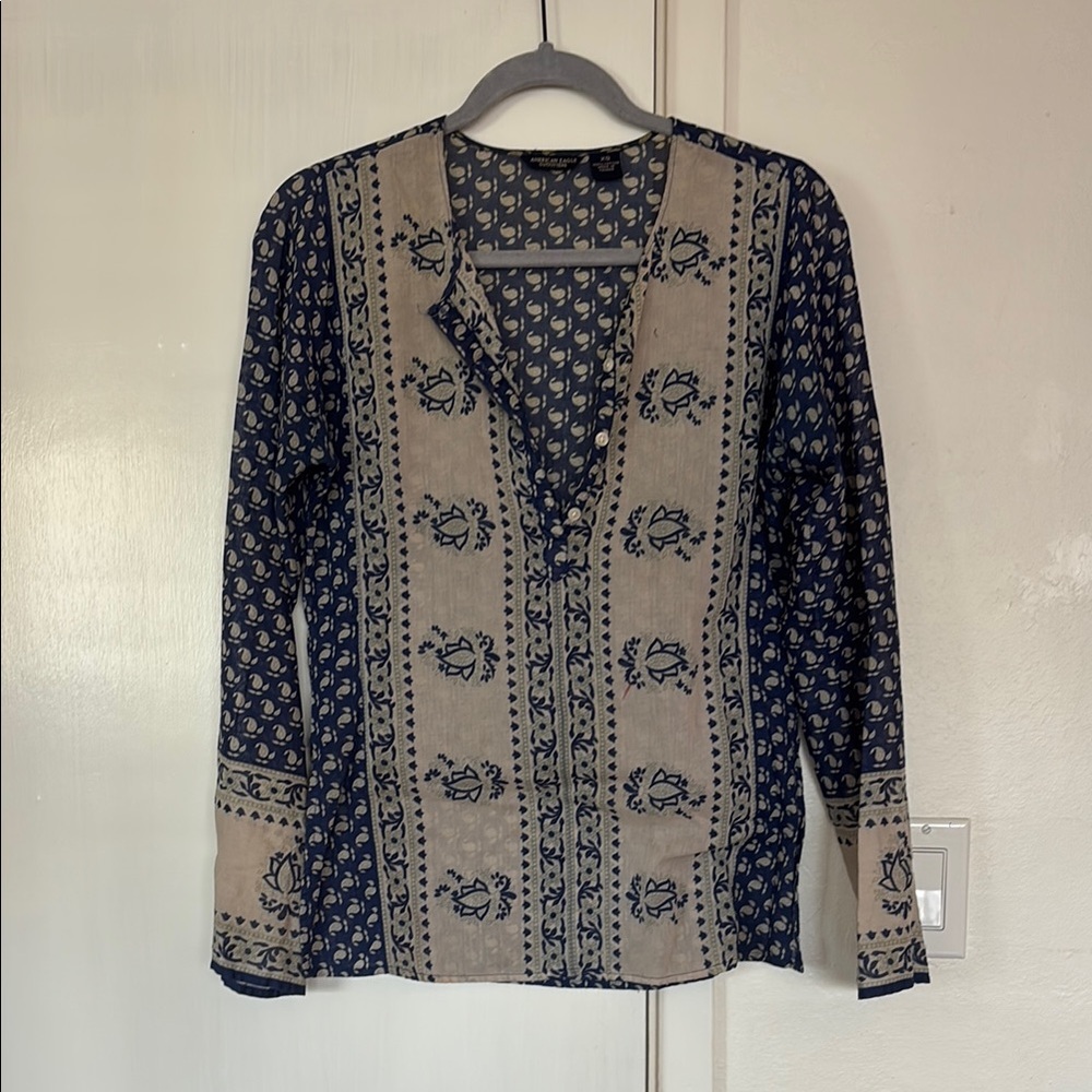 Navy and Beige Patterned Shirt
